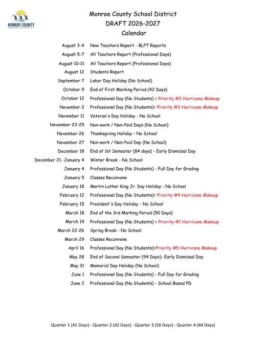 Monroe County School District 2026–2027 Academic Calendar Page 6