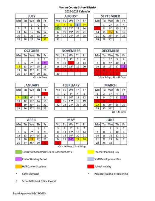 Nassau County School District 2026–2027 Academic Calendar Page 2