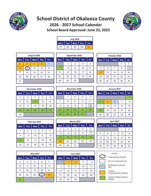 Okaloosa County School District 2026–2027 Academic Calendar Page 1