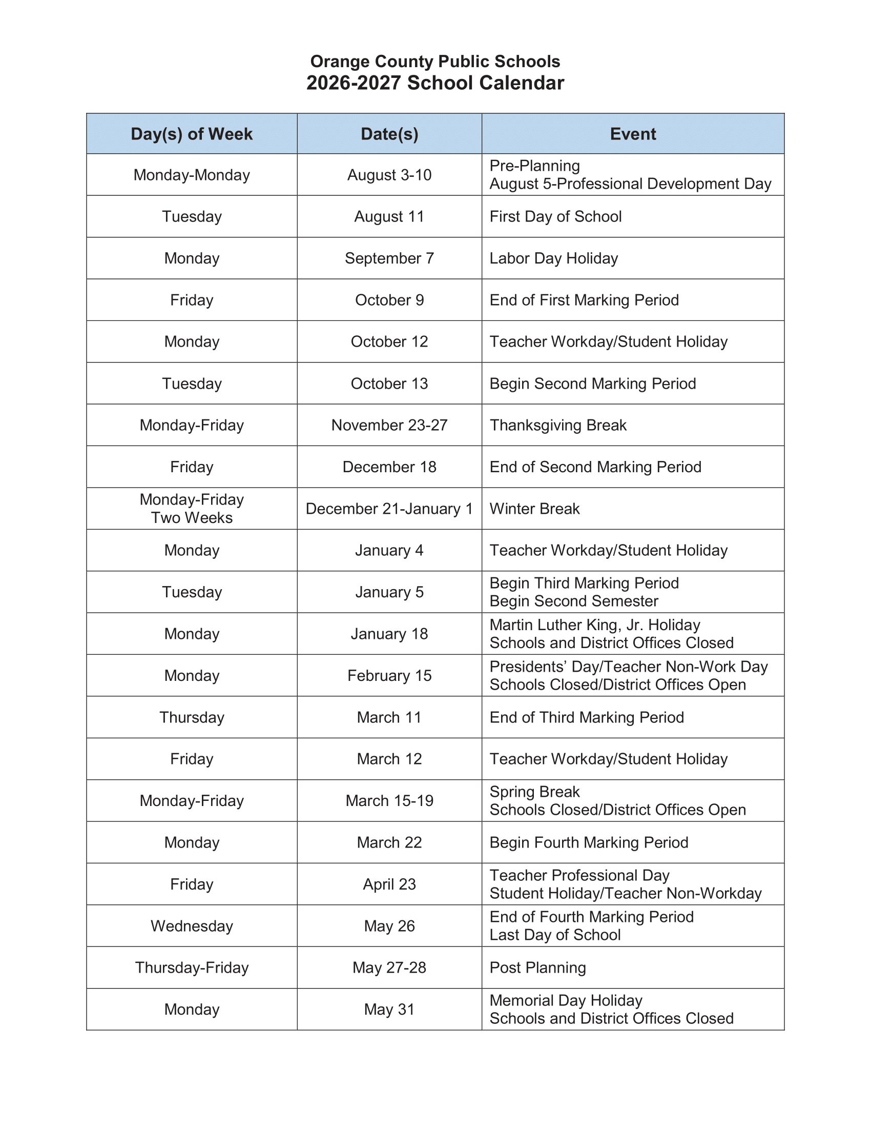 ORANGE COUNTY PUBLIC SCHOOLS OCPS Calendar 26-27 | CalendarStates.com