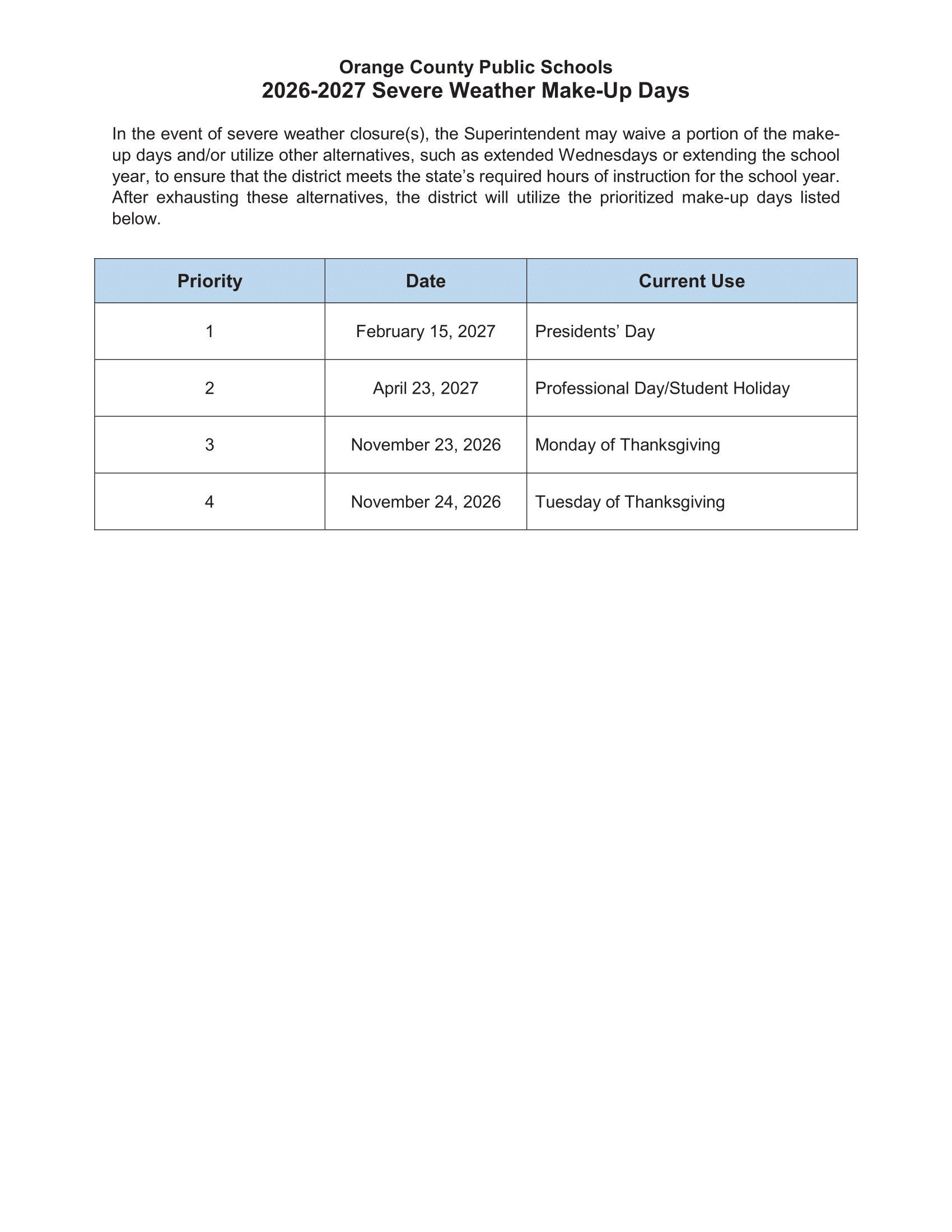 ORANGE COUNTY PUBLIC SCHOOLS OCPS Calendar 26-27 | CalendarStates.com