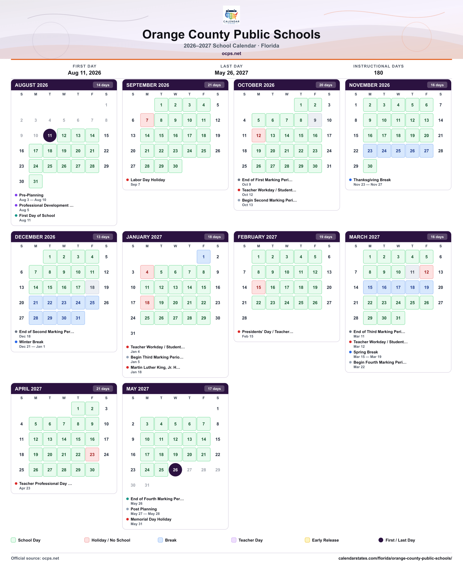 Orange County Public Schools OCPS Calendar 26-27 - Florida