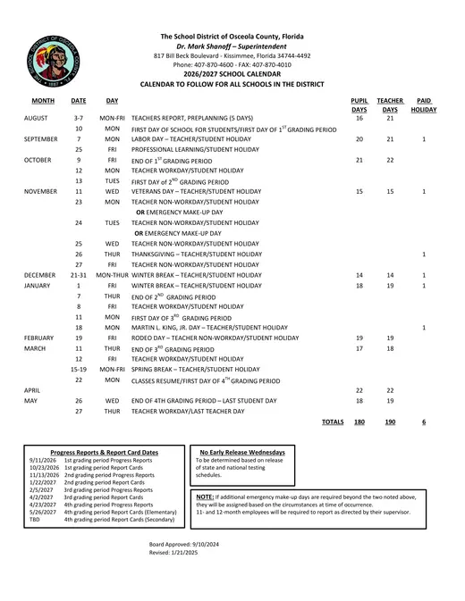 Osceola County School District 2026–2027 Academic Calendar Page 1