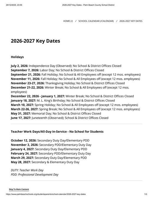 Palm Beach County School District 2026–2027 Academic Calendar Page 1