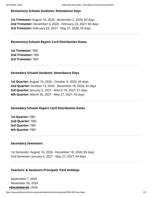 Palm Beach County School District 2026–2027 Academic Calendar Page 4