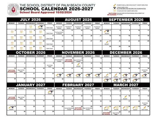 Palm Beach County School District 2026–2027 Academic Calendar Page 6