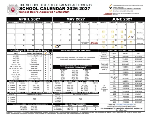 Palm Beach County School District 2026–2027 Academic Calendar Page 7