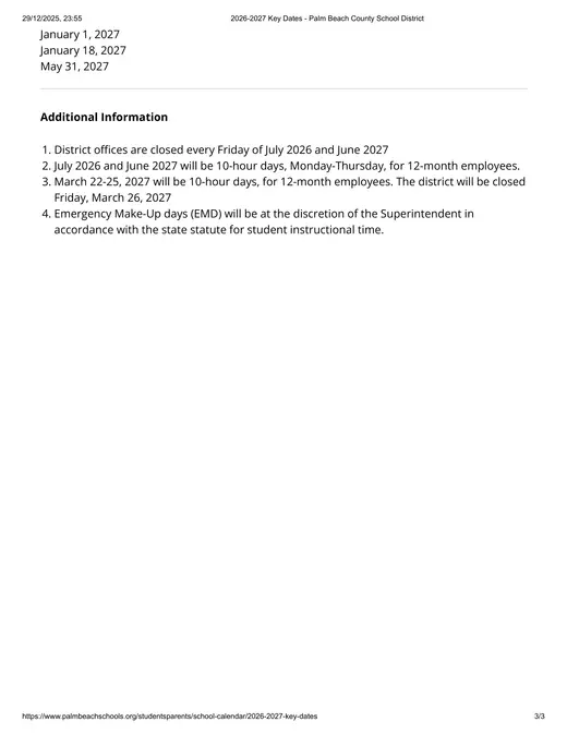 Palm Beach County School District 2026–2027 Academic Calendar Page 10