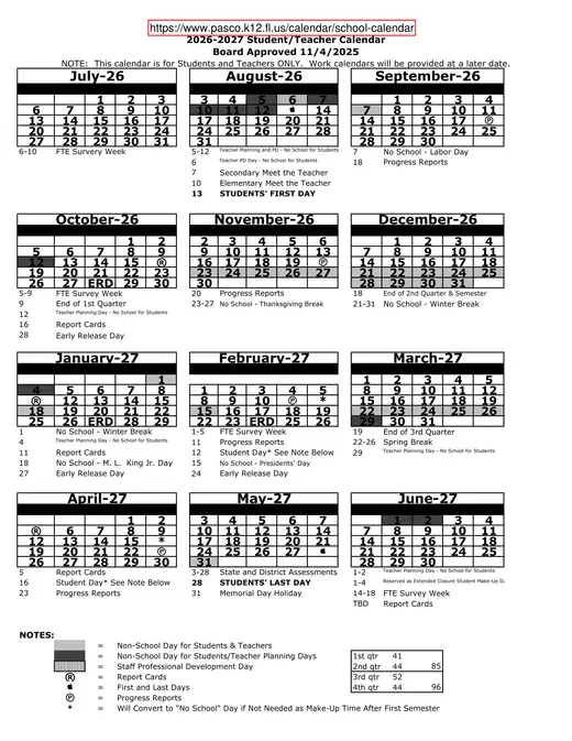 Pasco County Schools 2026–2027 Academic Calendar Page 1