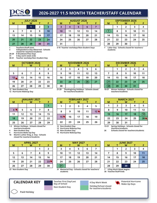 Pinellas County Schools 2026–2027 Academic Calendar Page 1