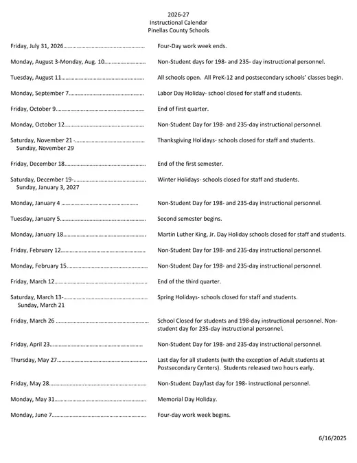 Pinellas County Schools 2026–2027 Academic Calendar Page 2