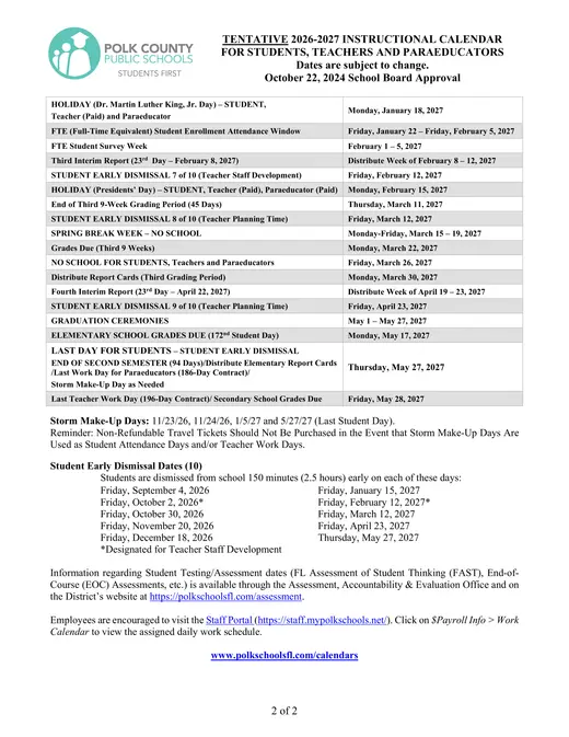 Polk County Public Schools 2026–2027 Academic Calendar Page 2