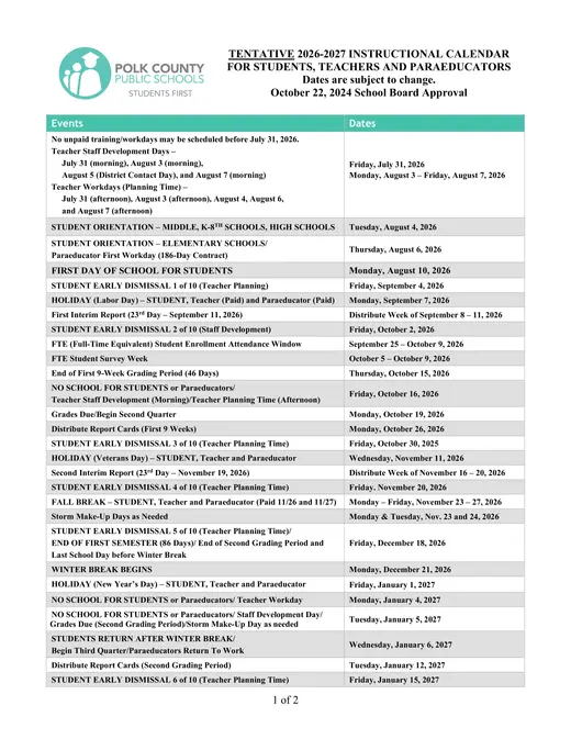 Polk County Public Schools 2026–2027 Academic Calendar Page 3