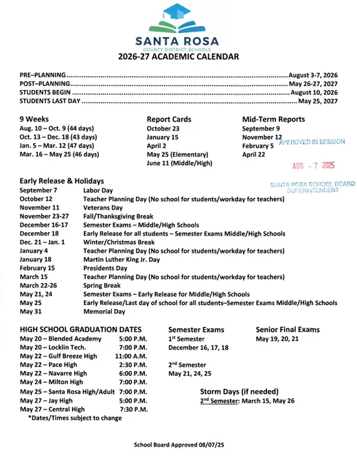 Santa Rosa County District Schools 2026–2027 Academic Calendar Page 2