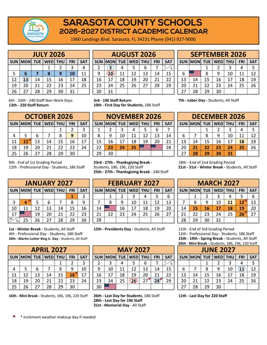 Sarasota County Schools 2026–2027 Academic Calendar Page 1