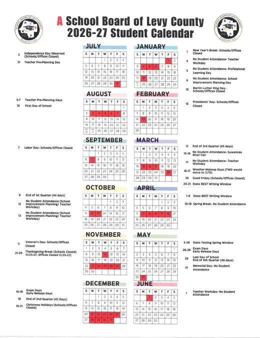 School Board of Levy County 2026–2027 Academic Calendar