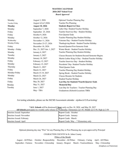 St. Johns County School District 2026–2027 Academic Calendar Page 2
