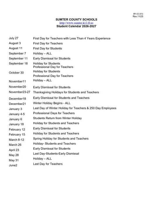 Sumter County Schools 2026–2027 Academic Calendar