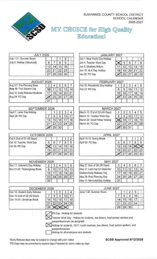 Suwannee County School District 2026–2027 Academic Calendar Page 1