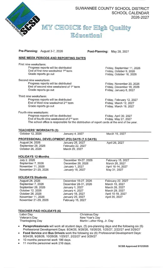Suwannee County School District 2026–2027 Academic Calendar Page 2