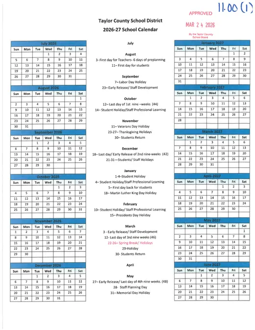 Taylor County School District 2026–2027 Academic Calendar