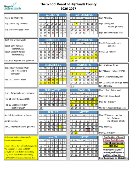 The School Board of Highlands County 2026–2027 Academic Calendar