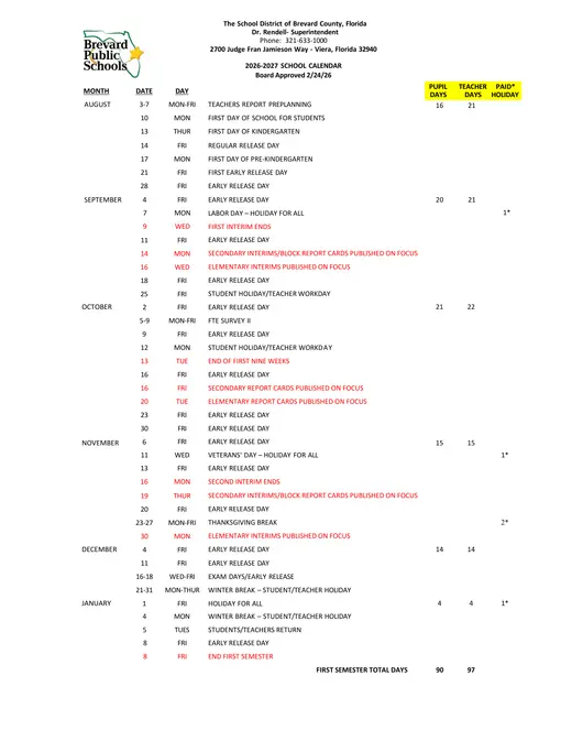 The School District of Brevard County, Florida 2026–2027 Academic Calendar Page 1
