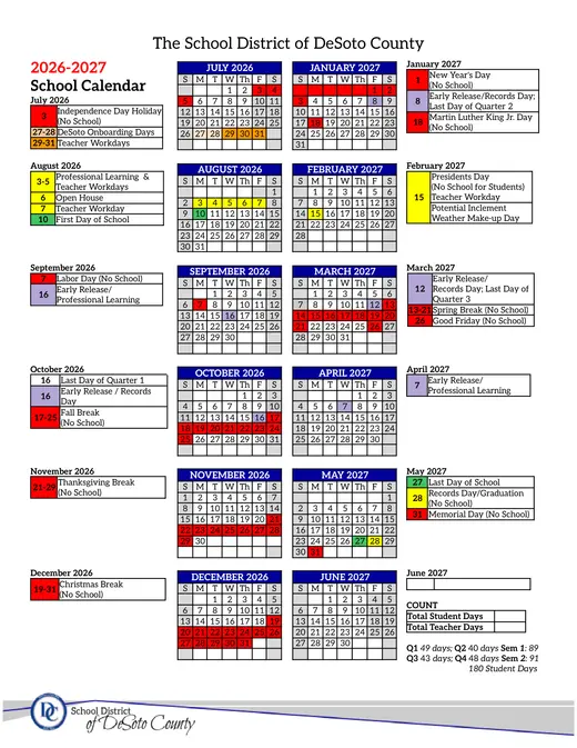 The School District of Desoto County 2026–2027 Academic Calendar