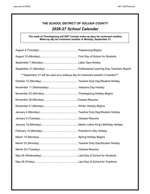 The School District of Volusia County 2026–2027 Academic Calendar