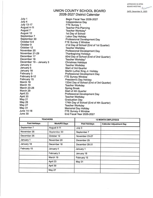 Union County School Board 2026–2027 Academic Calendar