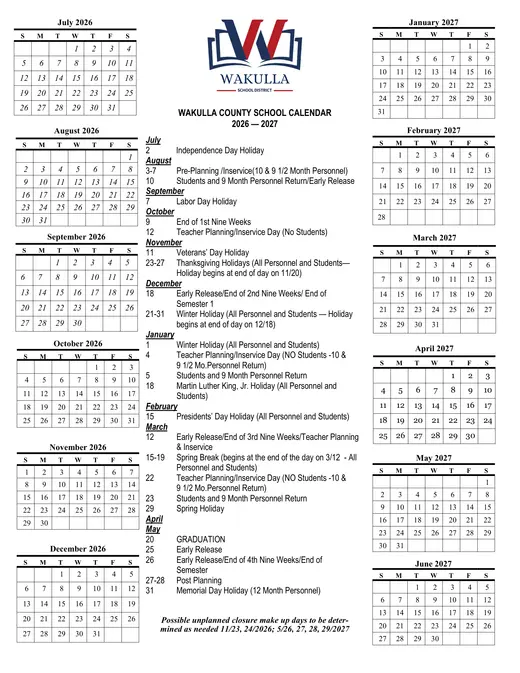Wakulla County School District 2026–2027 Academic Calendar