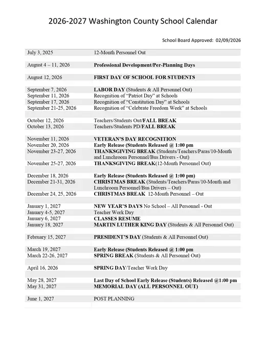 Washington County School District 2026–2027 Academic Calendar Page 1