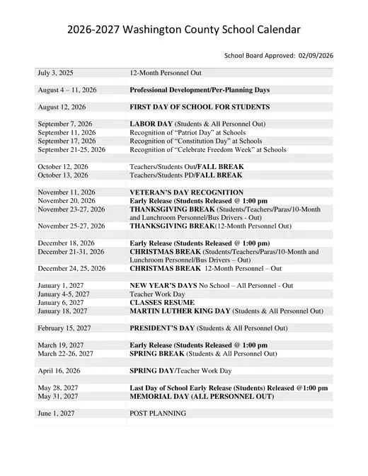 Washington County School District 2026–2027 Academic Calendar Page 2