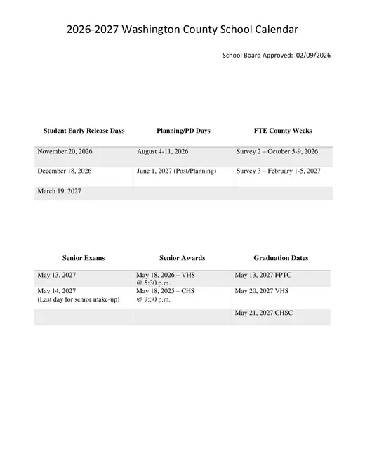 Washington County School District 2026–2027 Academic Calendar Page 3