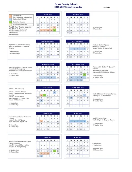 Banks County Schools 2026–2027 Academic Calendar