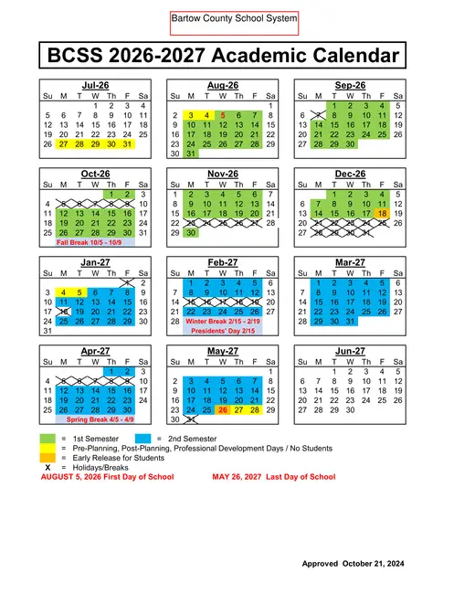 Bartow County School System 2026–2027 Academic Calendar