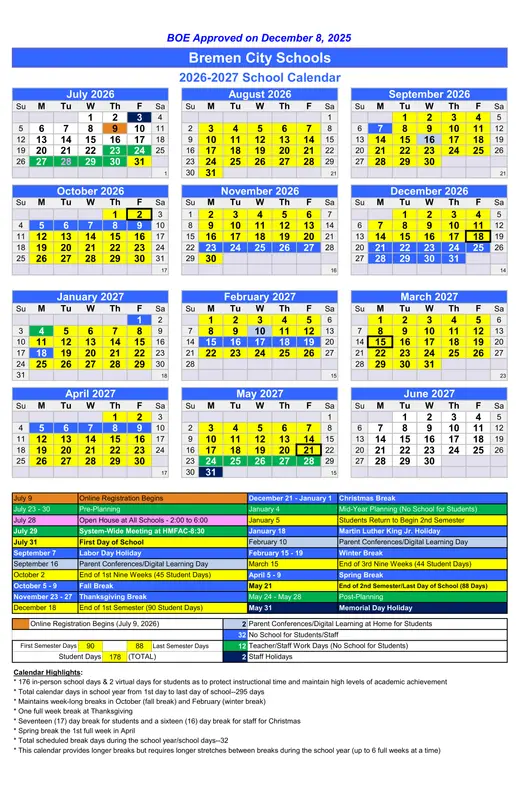 Bremen City Schools 2026–2027 Academic Calendar