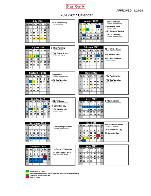 Bryan County Schools 2026–2027 Academic Calendar
