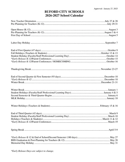 Buford City Schools 2026–2027 Academic Calendar