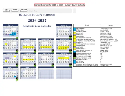 Bulloch County Schools 2026–2027 Academic Calendar