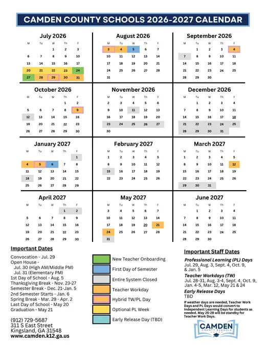 Camden County Schools 2026–2027 Academic Calendar