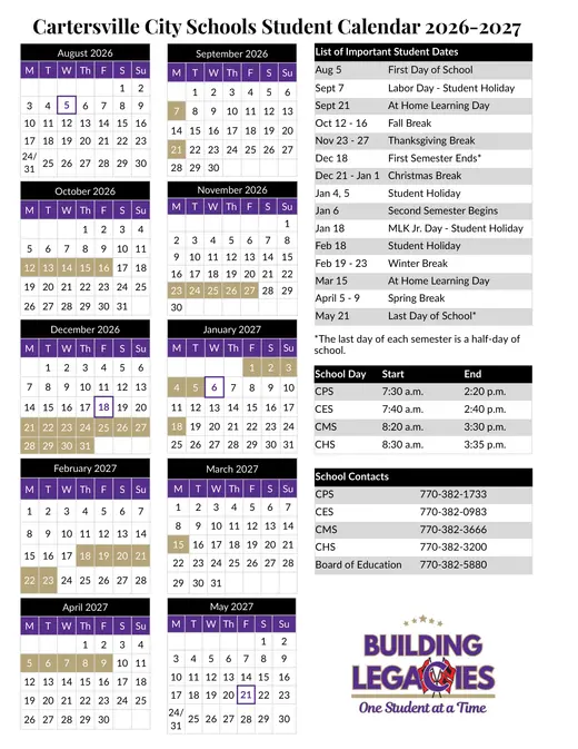Cartersville City Schools 2027–2028 Academic Calendar Page 1