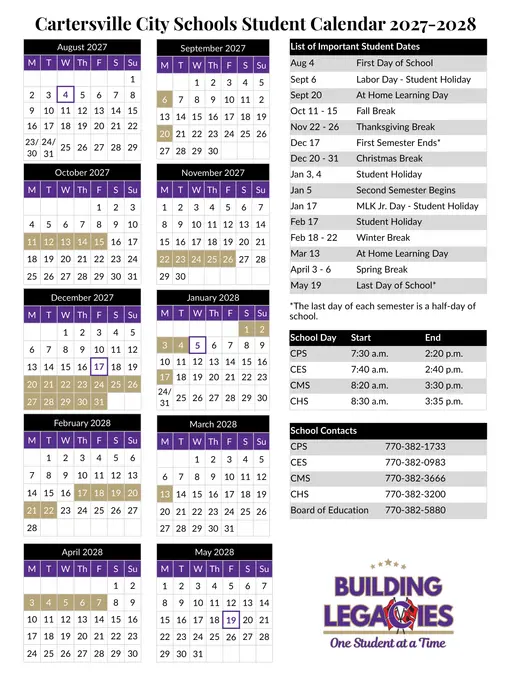 Cartersville City Schools 2027–2028 Academic Calendar Page 2