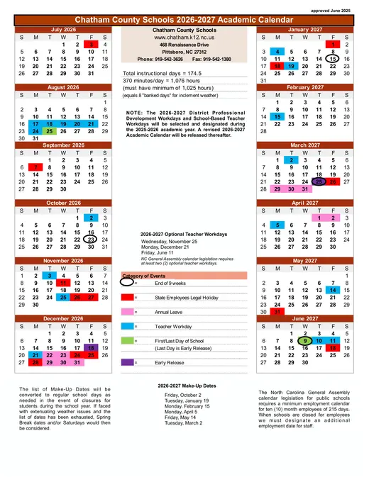 Chatham County Public School System 2026–2027 Academic Calendar