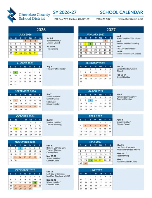 Cherokee County School District 2026–2027 Academic Calendar
