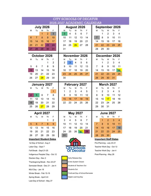 City Schools of Decatur 2026–2027 Academic Calendar