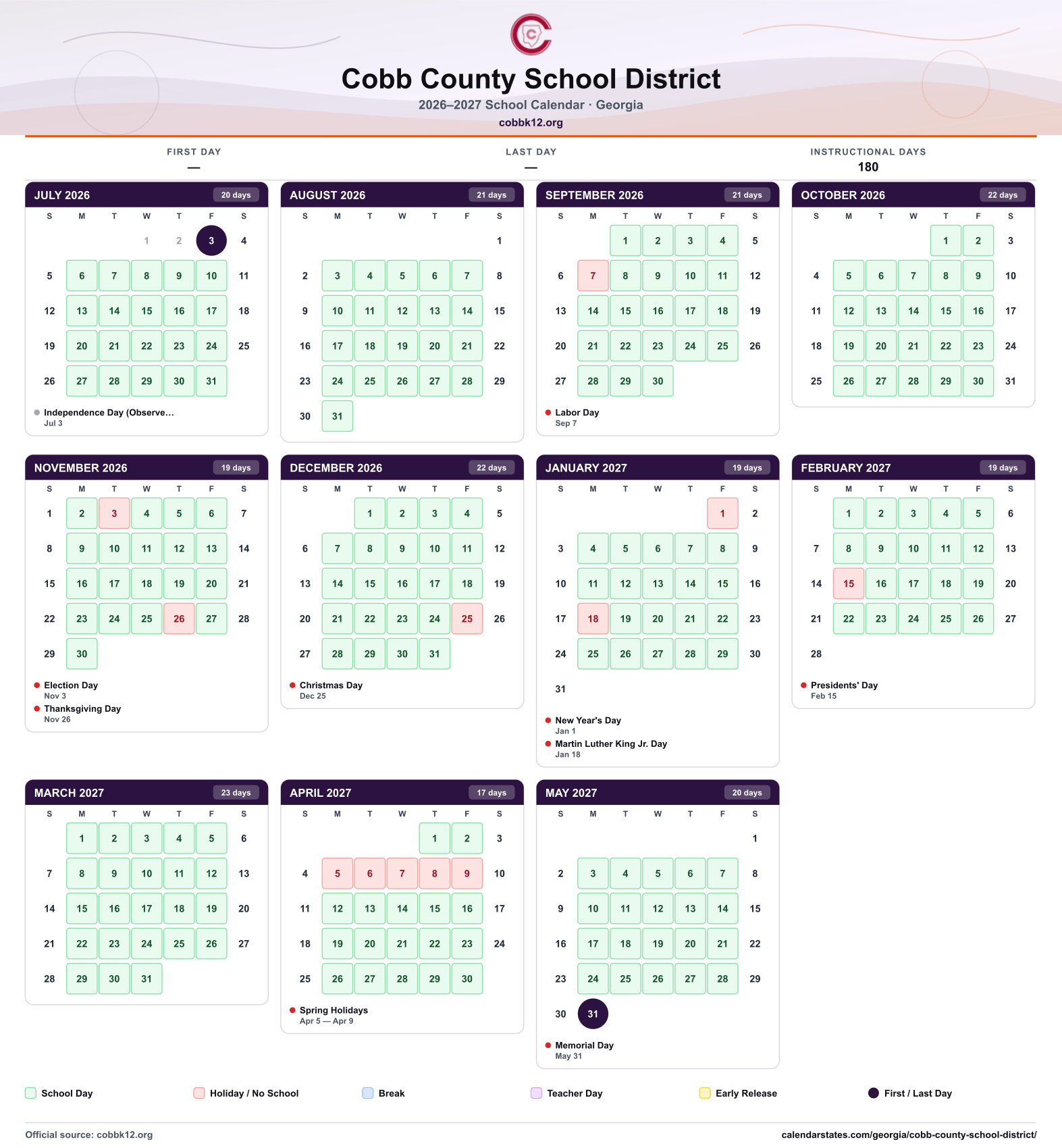 Cobb County School District CCSD Calendar 26-27 - Georgia