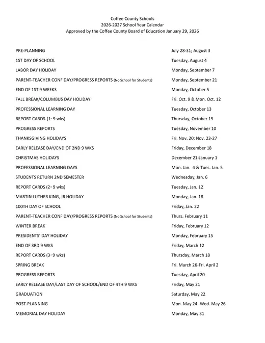 Coffee County Schools 2026–2027 Academic Calendar