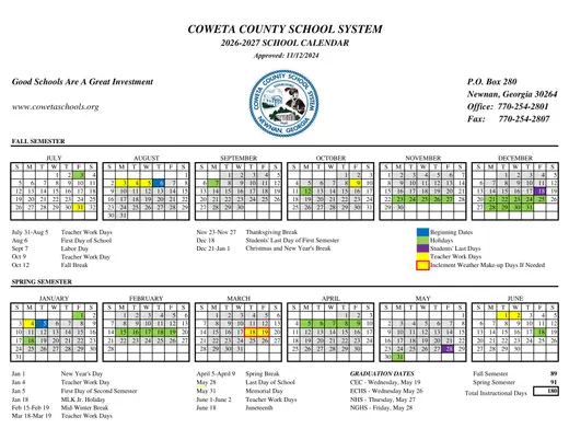 Coweta County School System 2026–2027 Academic Calendar
