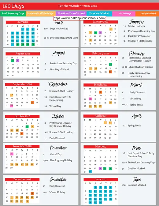 Dalton Public Schools 2026–2027 Academic Calendar